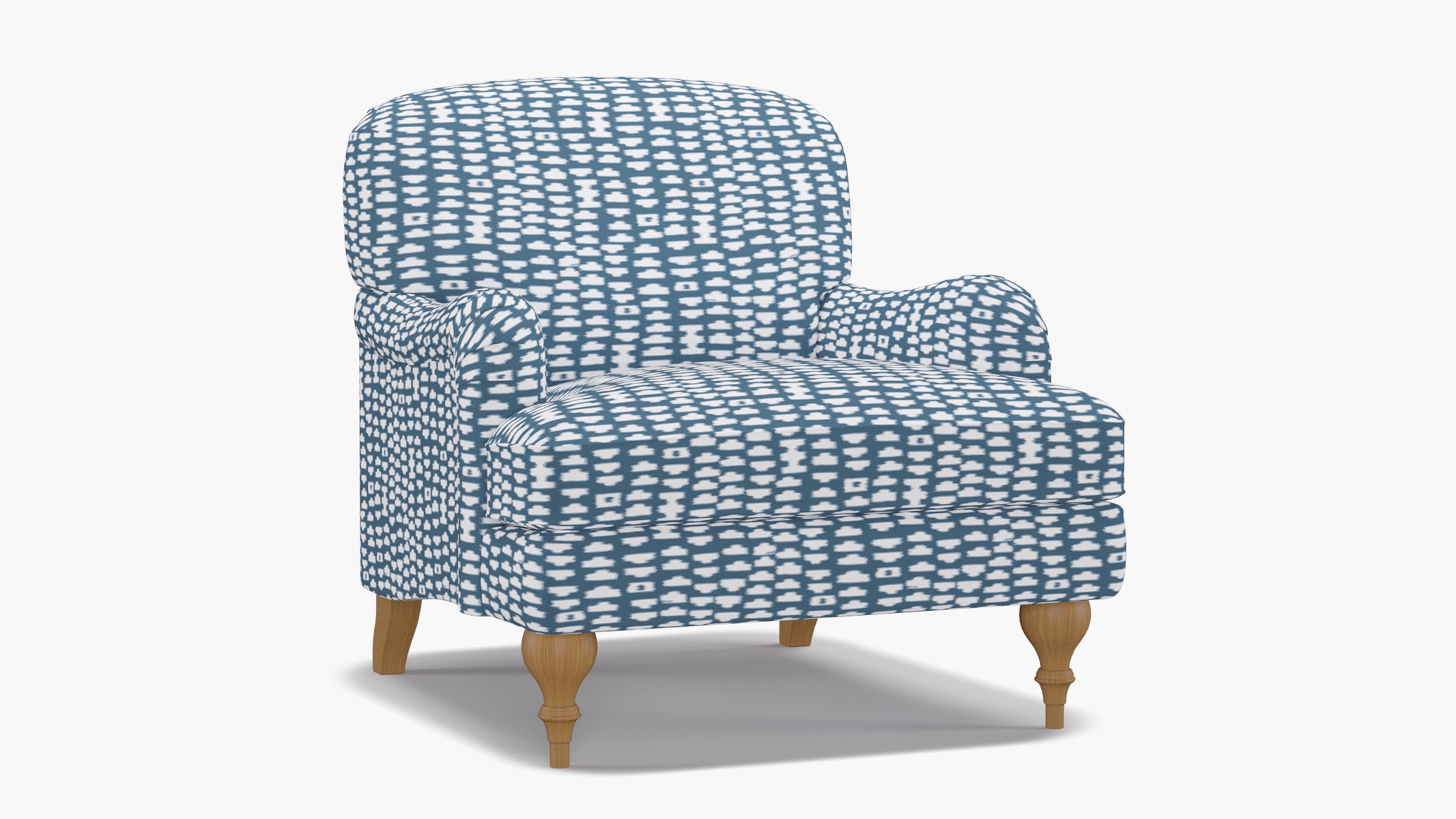 English Roll Arm Chair, Dusty Blue Odalisque, Natural Turned Wood Leg - Image 1