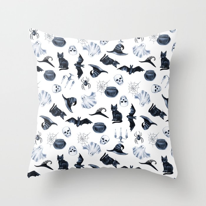 Witch Watercolor Pattern - Witchy Design, Cauldron, Skull, Witch Hat Throw Pillow by Charlottewinter - Cover (18" x 18") With Pillow Insert - Indoor Pillow - Image 0