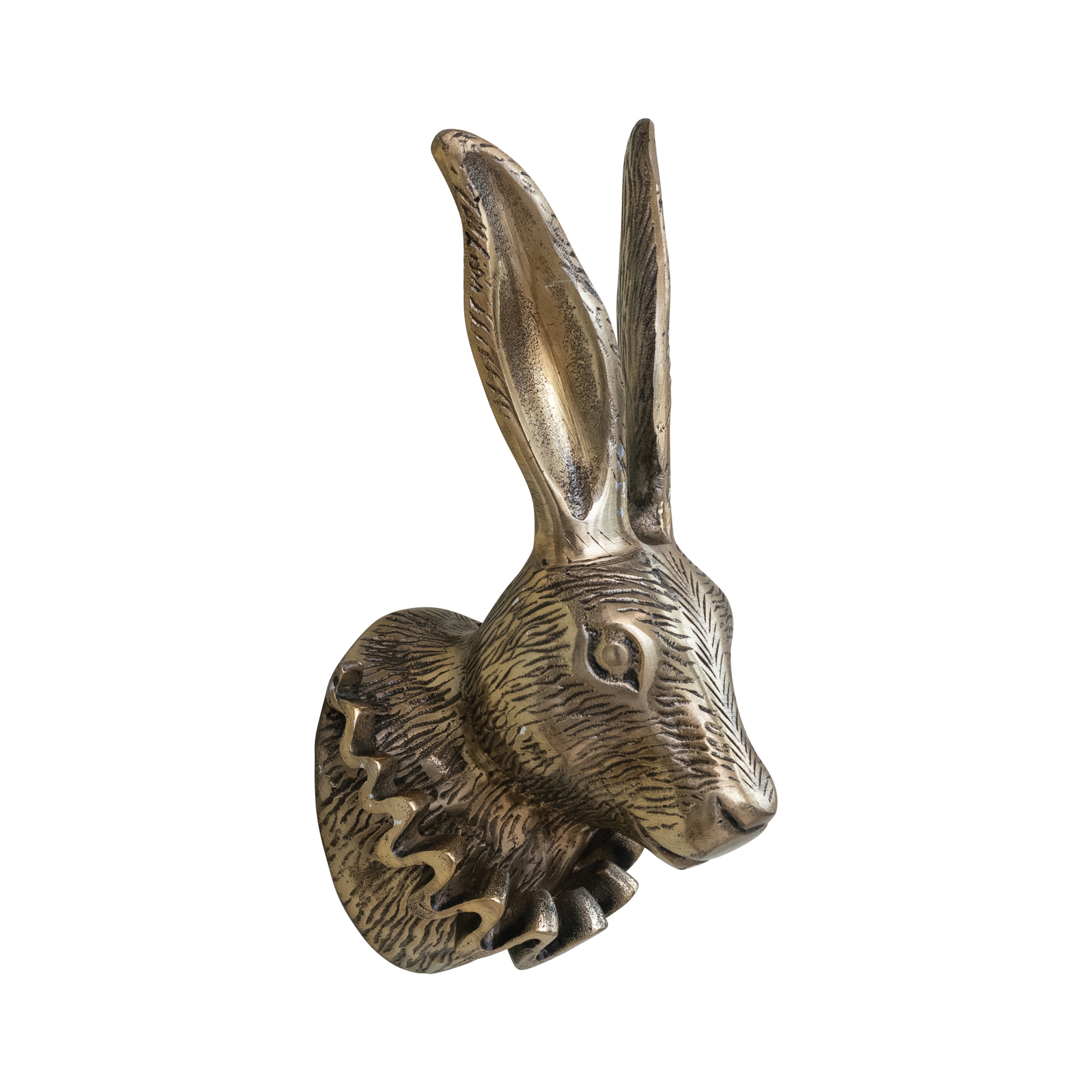 Cast Aluminum Rabbit Head with Ruff Collar Wall Décor, Antique Brass Finish - Image 0