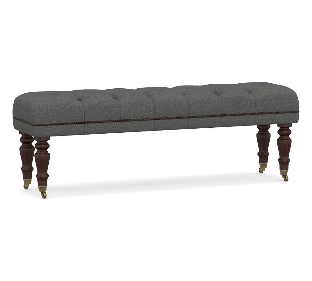 Raleigh Upholstered Tufted Queen Bench with Mahogany Legs & Bronze Nailheads, Park Weave Charcoal - Image 0