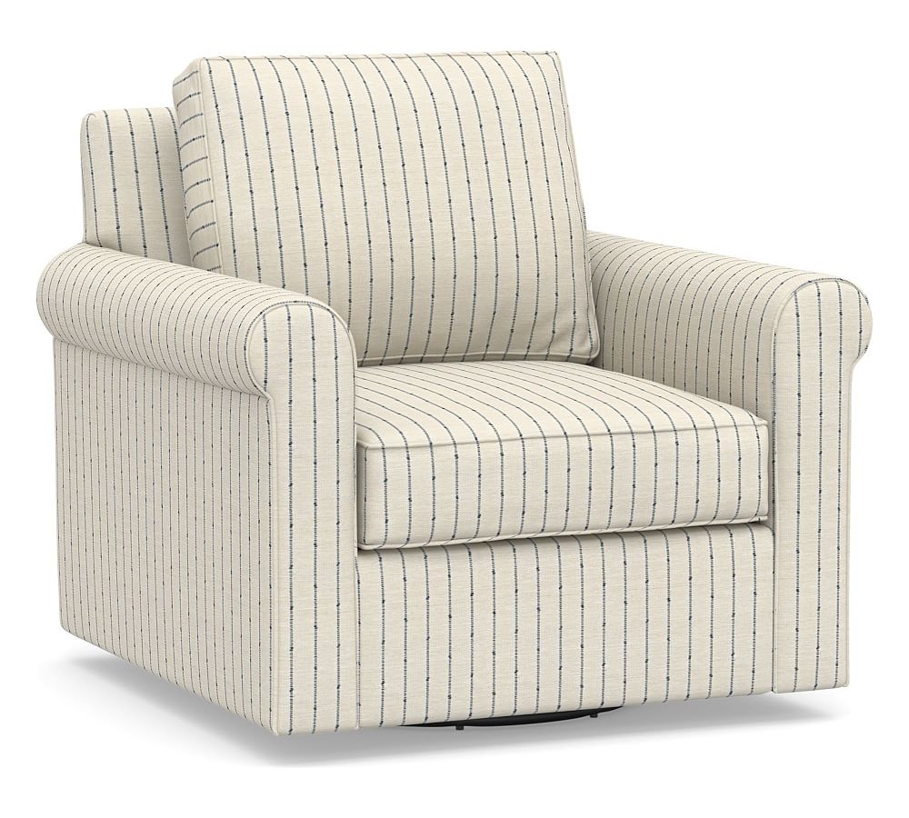 Cameron Roll Arm Upholstered Swivel Armchair, Polyester Wrapped Cushions, Slubby Pinstripe Blue - Image 0