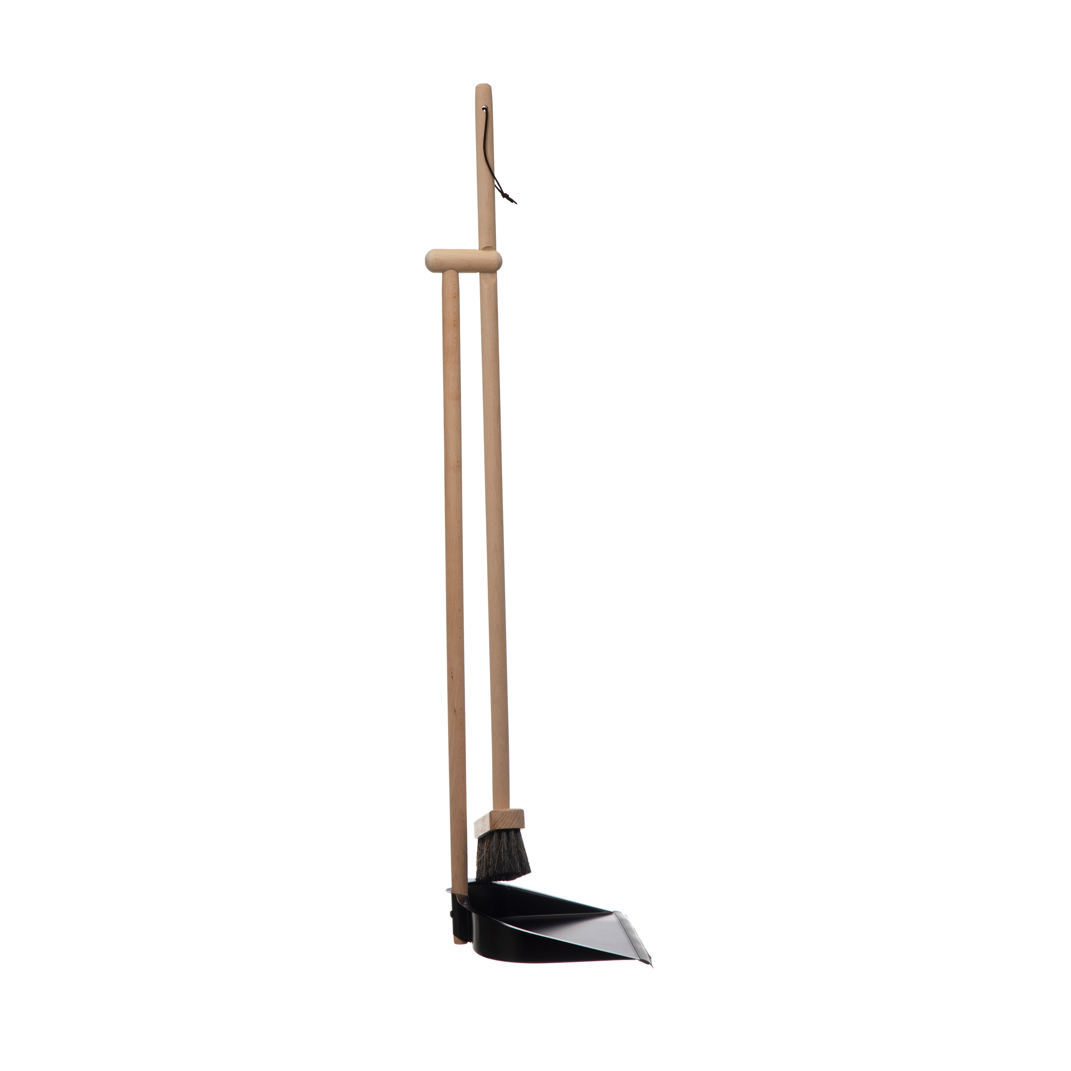Beech Wood Broom & Standing Metal Dust Pan, Natural & Black, Set of 2 - Image 0