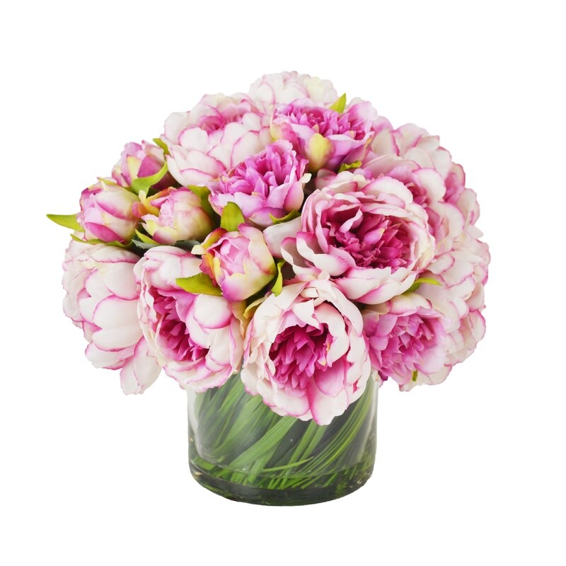 Faux Peonies Floral Arrangement in Glass Vase - Image 0
