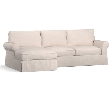 PB Comfort Roll Arm Slipcovered Right Arm Loveseat with Chaise Sectional, Box Edge Memory Foam Cushions, Performance Twill Stone - Image 1
