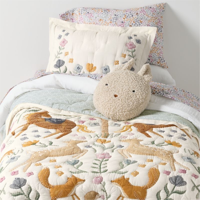 Cuddle Oatmeal Sherpa Bunny Face Embroidered Kids Throw Pillow - Image 1