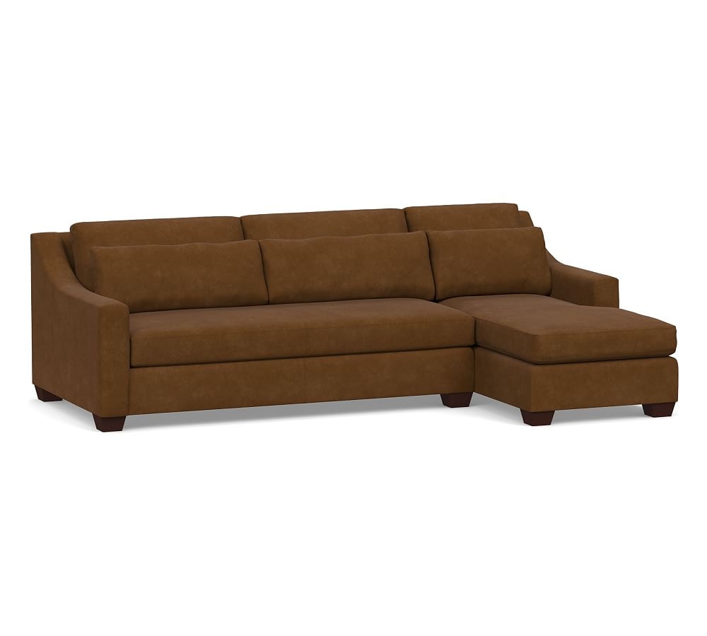 York Slope Arm Leather Deep Seat Left Arm Loveseat with Chaise Sectional and Bench Cushion, Polyester Wrapped Cushions, Aviator Umber - Image 0