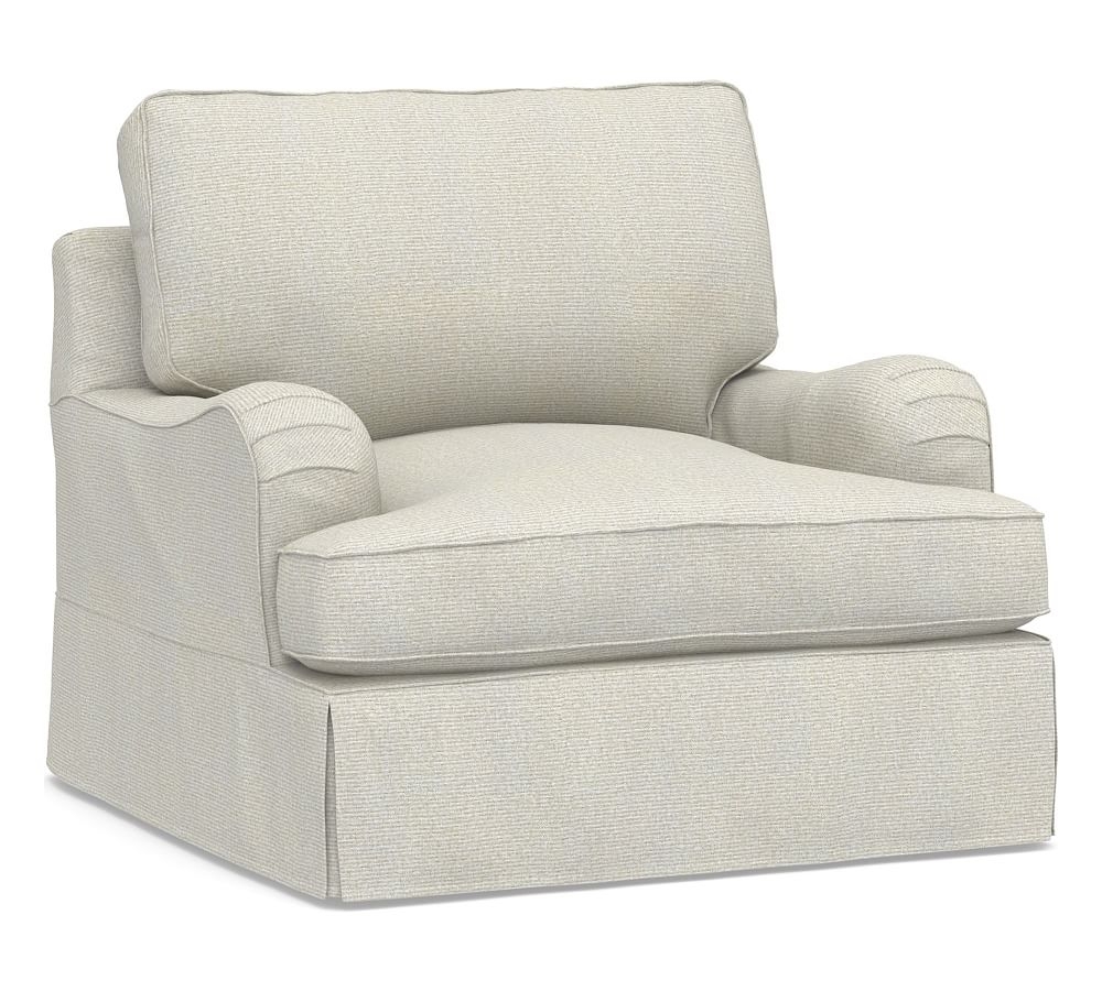 PB English Arm Slipcovered Swivel Armchair, Down Blend Wrapped Cushions, Performance Heathered Basketweave Dove - Image 0