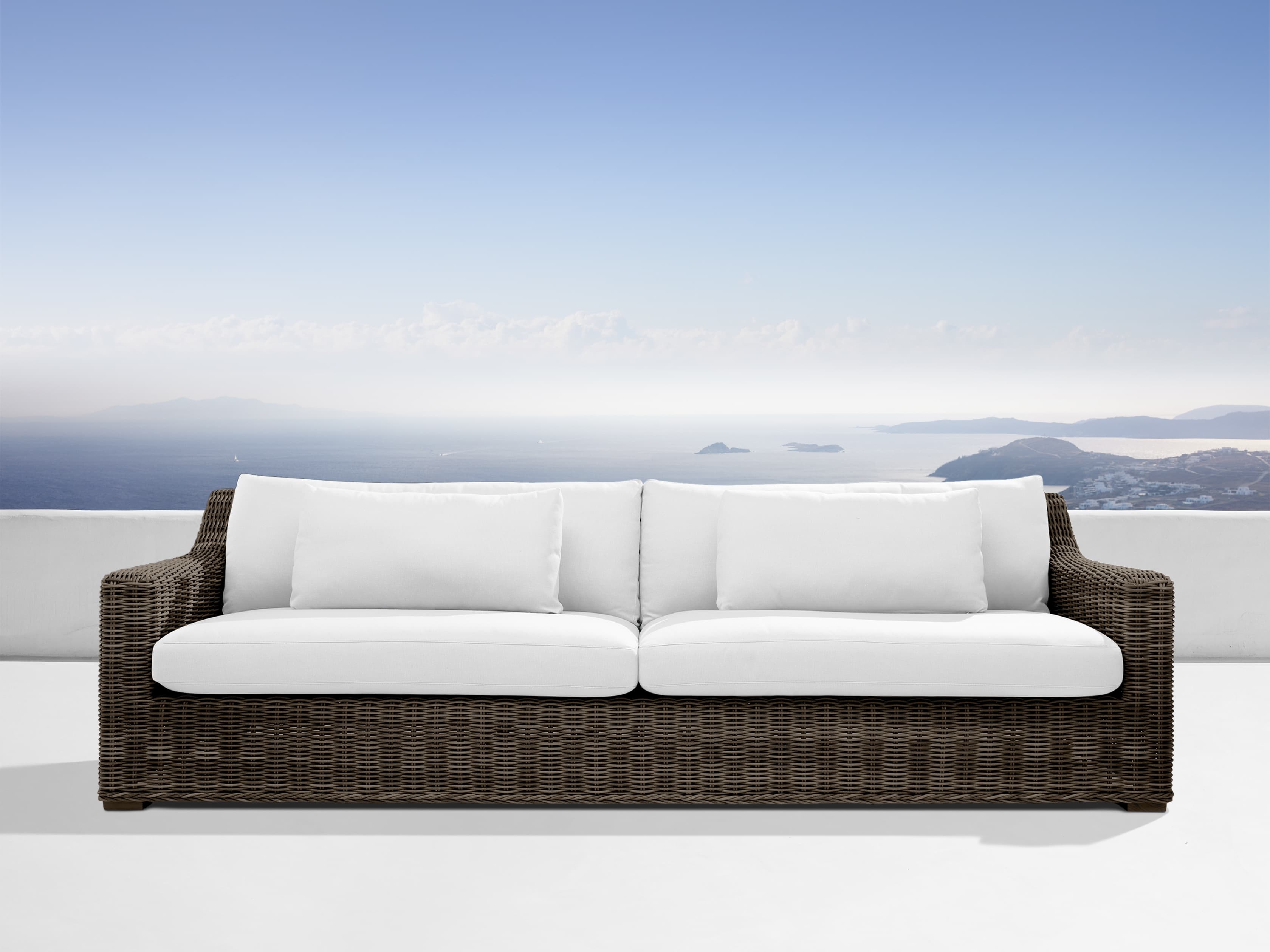 Montauk Outdoor Sofa in All Weather Wicker 87" White  Starboard Snow/Dry Bark - Image 0