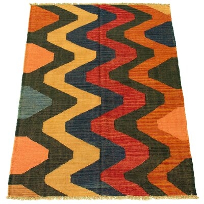 One-of-a-Kind Hand-Knotted New Age Anatolian Dark Blue/Red 4'1" x 6'1" Wool Area Rug - Image 0