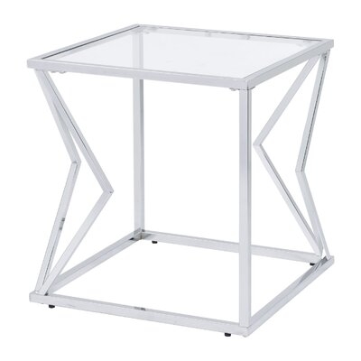 End Table With Glass Top And Bottom Shelf And Geometric Accent, Silver - Image 0
