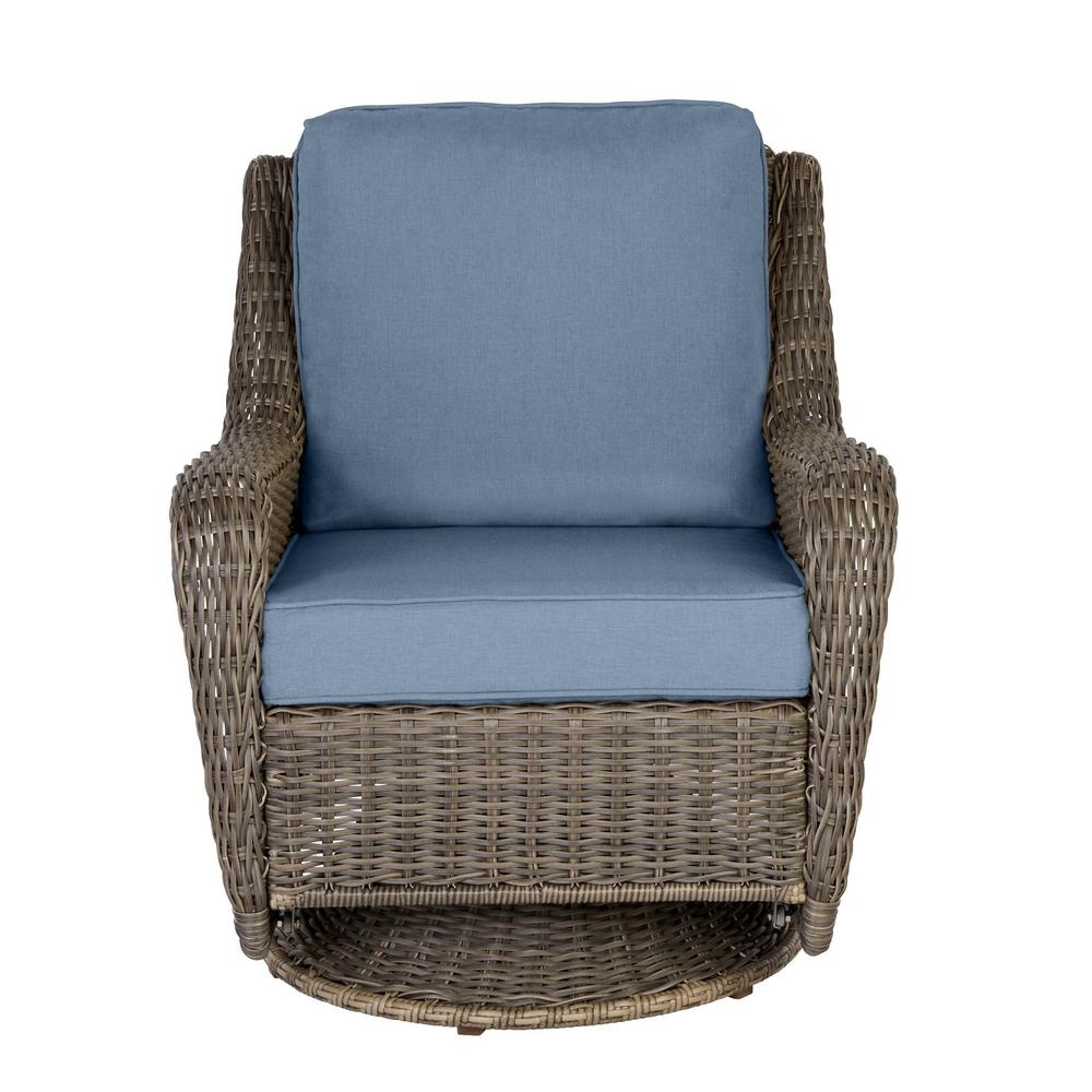Hampton Bay Cambridge Gray Wicker Outdoor Patio Swivel Rocking Chair with Sunbrella Denim Blue Cushions - Image 0