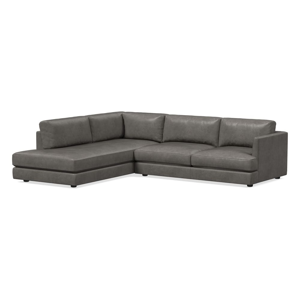 Haven 108" Left Multi Seat 2-Piece Bumper Chaise Sectional, Standard Depth, Ludlow Leather, Gray Smoke - Image 0