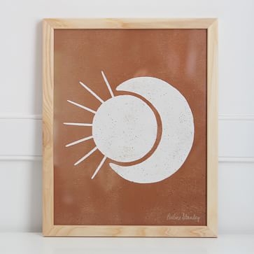 Sun Moon Terracotta Cream Canvas Wood Wall Hanging, 12"x16" - Image 1