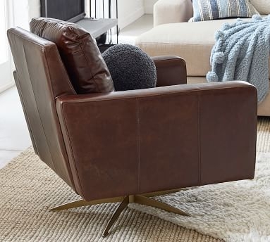 Milo Leather Swivel Armchair, Polyester Wrapped Cushions, Churchfield Camel - Image 2