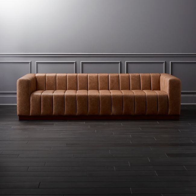 Forte 101" Extra-Large Channeled Saddle Leather Sofa with Walnut Base - Image 0