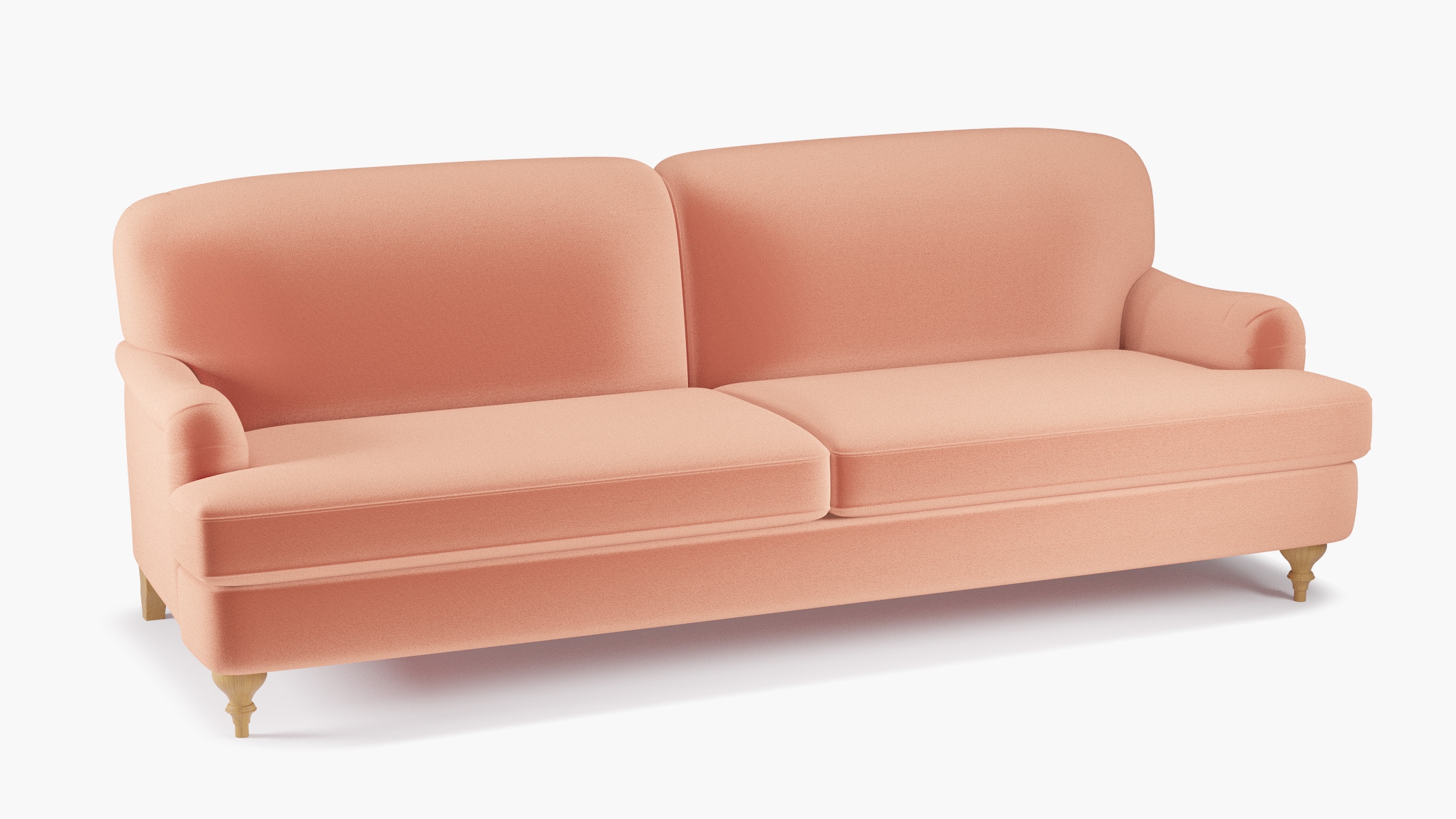 English Roll Arm Sofa, Coral Performance Velvet, Natural Turned Wood Leg - Image 1