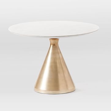 Silhouette Pedestal Dining Table, Round White Marble, Brushed Nickel - Image 1