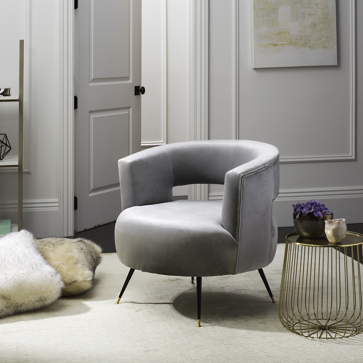 Manet Velvet Retro Mid Century Accent Chair - Light Grey - Arlo Home - Image 3