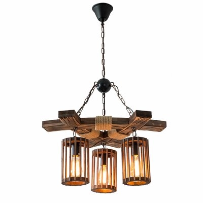 3 Lights Nostalgic Style Farmhouse Chandelier Wooden Hanging Lamp Indoor Lighting - Image 0