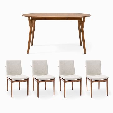 Mid-Century 60"-80" Rounded Expandable Dining Table & 4 Framework Upholstered Dining Chairs Set - Image 0