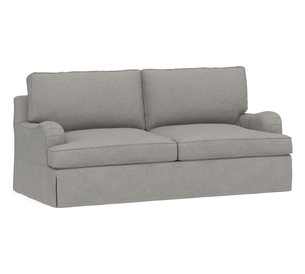 PB English Arm Slipcovered Sofa 80.5", Polyester Wrapped Cushions, Performance Heathered Basketweave Platinum - Image 0
