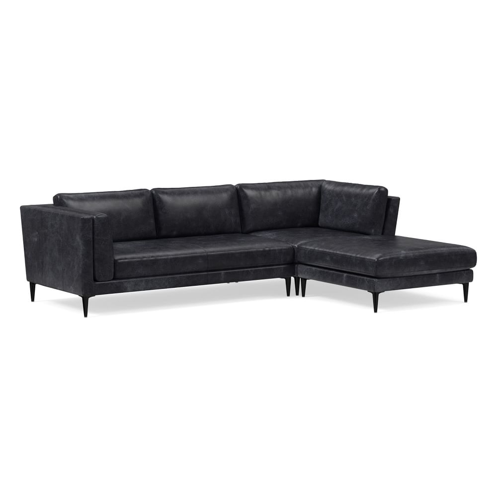 Anton 104" Right 3-Piece Ottoman Sectional, Sierra Leather, Licorice, Polished Dark Pewter - Image 0
