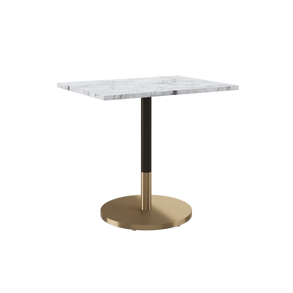 Restaurant Table, Top 24X32" Rect, White Faux Marble, Dining Ht Orbit Base, Bronze, Brass - Image 0