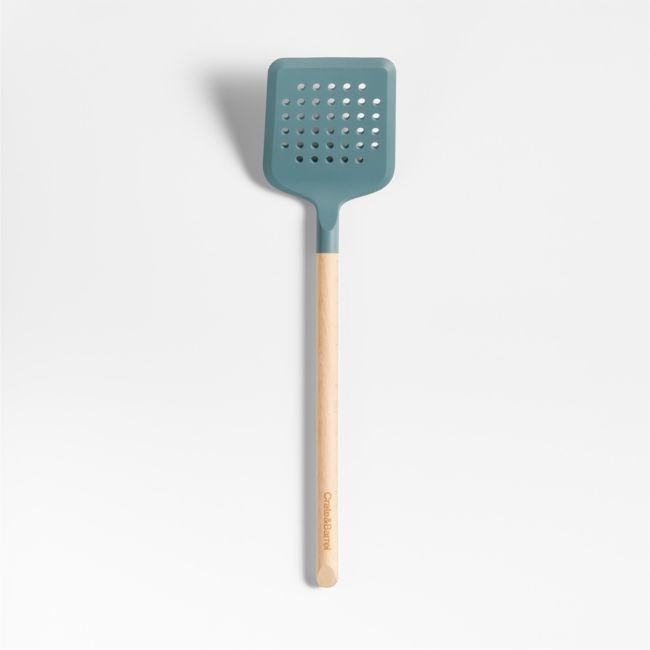 Crate & Barrel Deep Sage Green Silicone and Wood Slotted Turner Spatula - Image 0