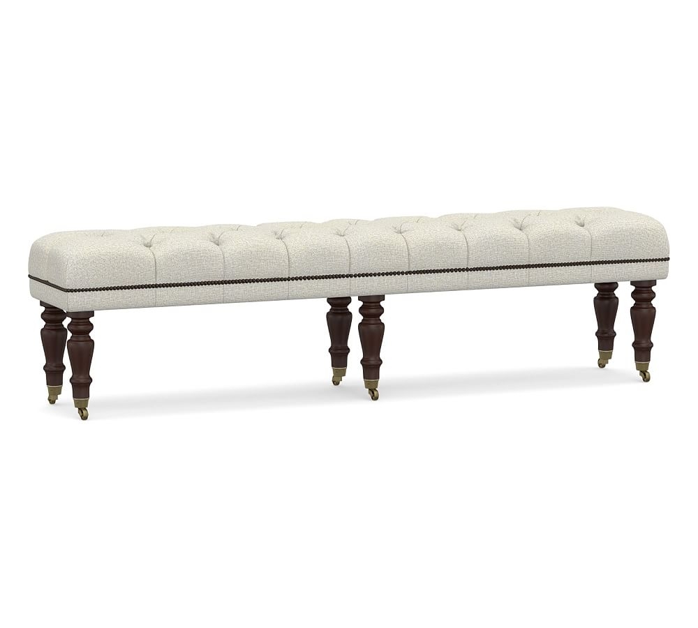 Raleigh Upholstered Tufted King Bench with Mahogany Legs & Bronze Nailheads, Performance Heathered Basketweave Dove - Image 0