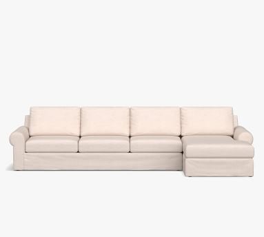 Big Sur Roll Arm Slipcovered Right Arm Sofa with Chaise Sectional and Bench Cushion, Down Blend Wrapped Cushions, Sunbrella(R) Performance Boss Herringbone Pebble - Image 2