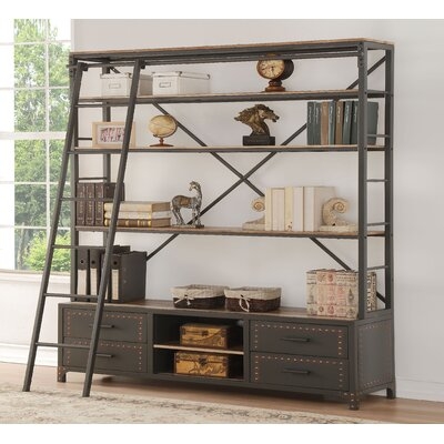 Storage Metal Frame Bookshelf With Rolling Ladder In Sandy Gray Handmade Paint Finish - Image 0