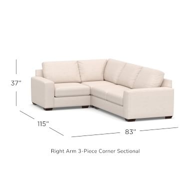 Big Sur Square Arm Upholstered Left arm 3-Piece Corner Sectional, Down Blend Wrapped Cushions, Chenille Basketweave Oatmeal - Image 3