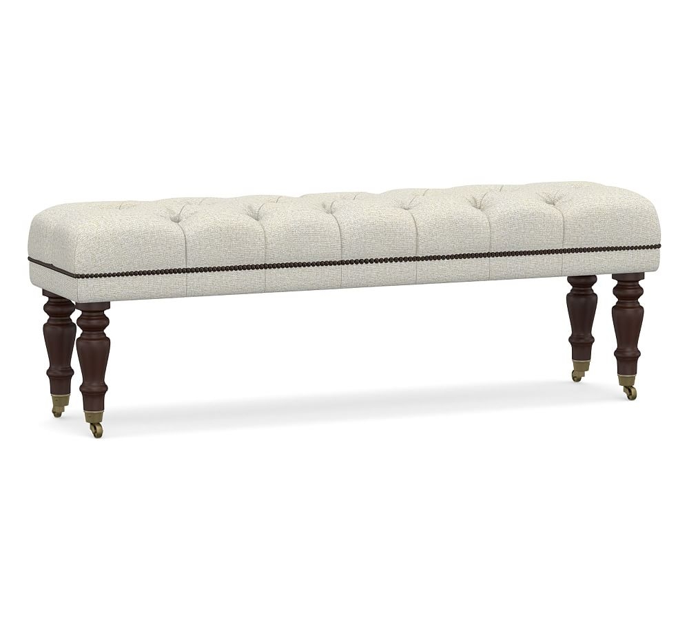 Raleigh Upholstered Tufted Queen Bench with Mahogany Legs & Bronze Nailheads, Performance Heathered Basketweave Dove - Image 0