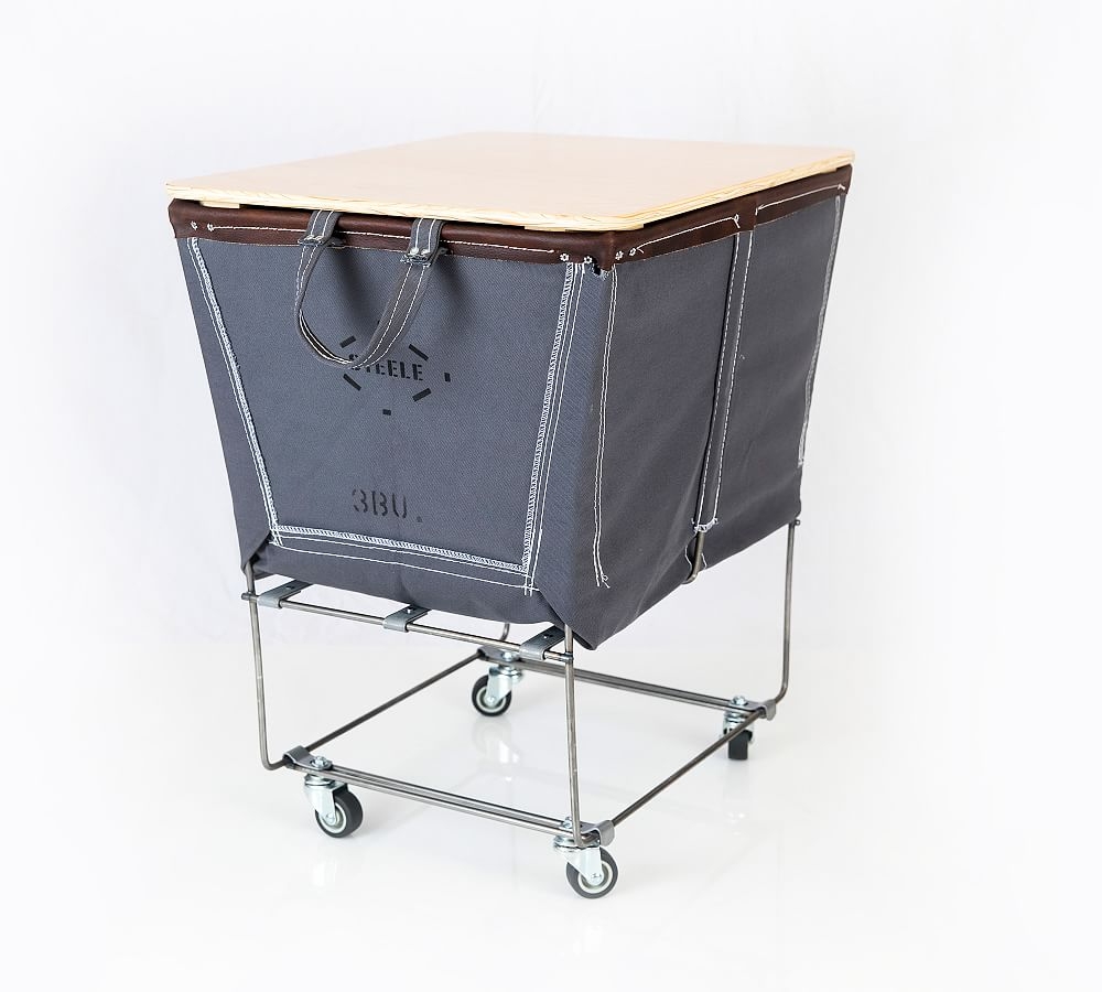 Elevated Canvas Laundry Basket with Wheels and Lid, Small, Charcoal Canvas/Brown Leather Trim - Image 0