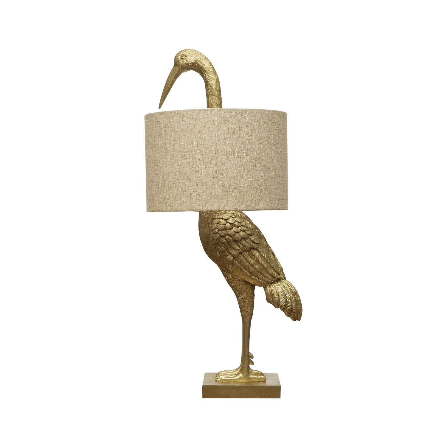Resin Bird Lamp with Linen Drum Shade, Gold and White - Image 0