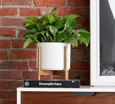 Modern Ceramic Planters with Wooden Stand, White - Medium - Image 1