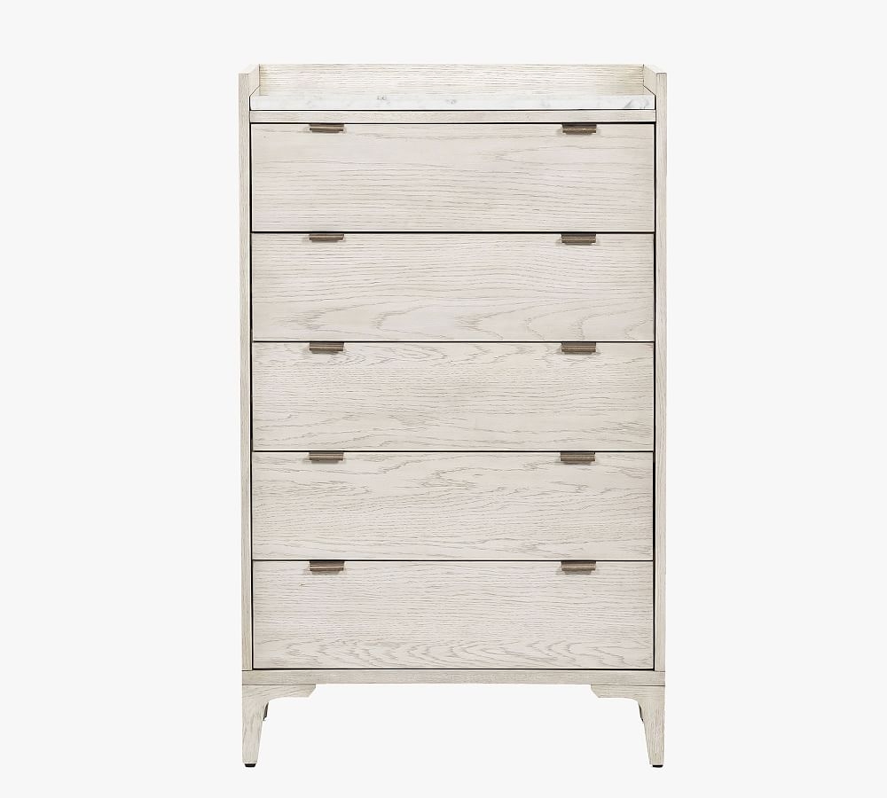 Geary Marble Top 5-Drawer Tall Dresser, Vintage White Oak & White Italian Marble - Image 0