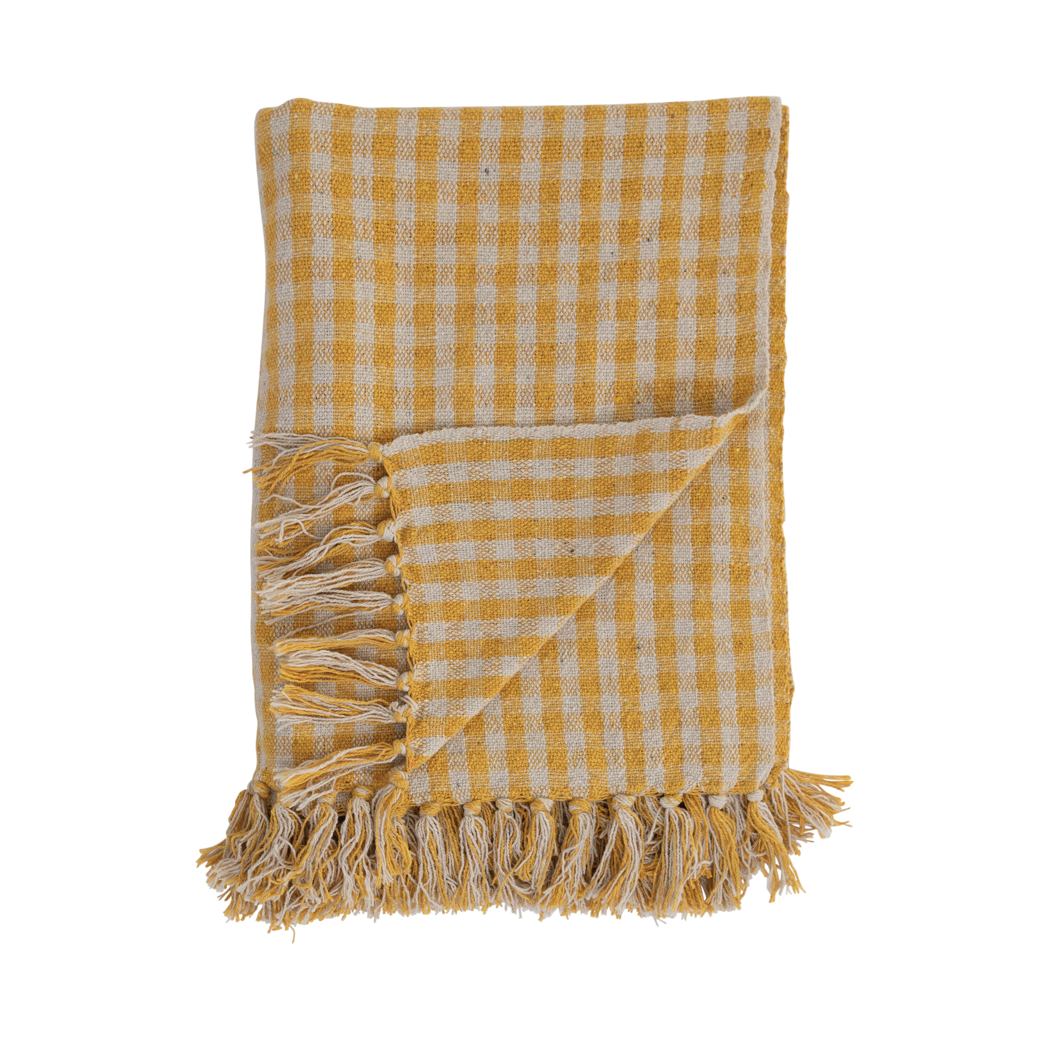  Gingham Woven Recycled Cotton Blend Throw with Fringe, Mustard - Image 0