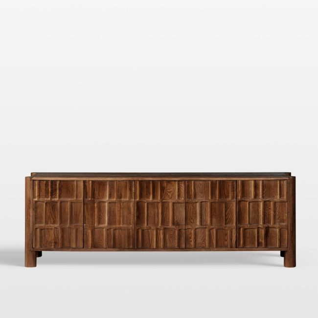 Ezri 82" Brown Carved Oak Wood Storage Media Console - Image 0