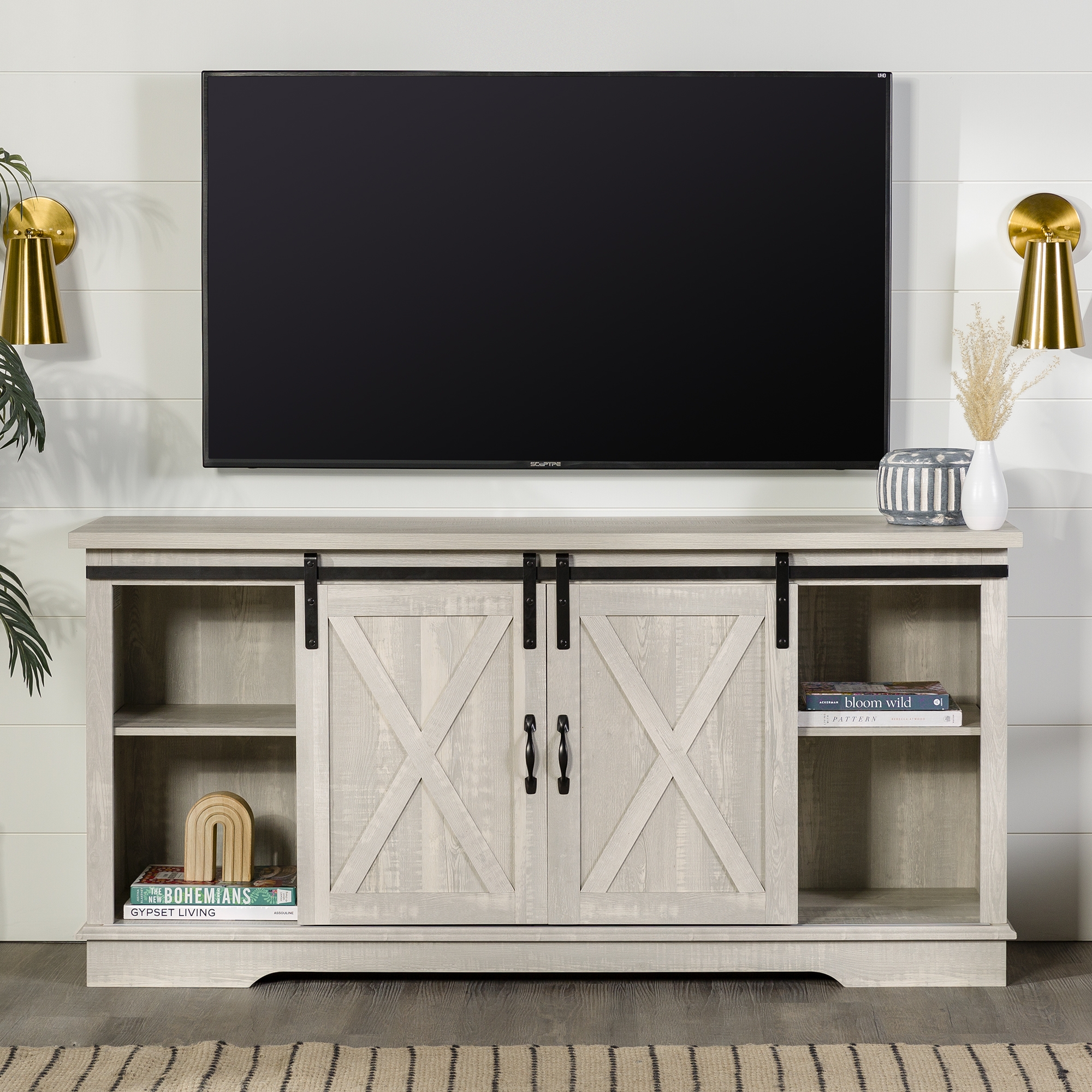 58" Sliding Barn Door Modern Farmhouse Wood TV Stand - Stone Grey  - Image 4