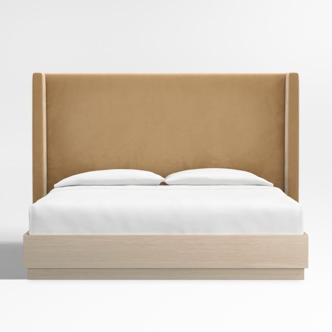 Arden 60" Camel Brown Upholstered King Headboard with Batten White Oak Bed Base - Image 0