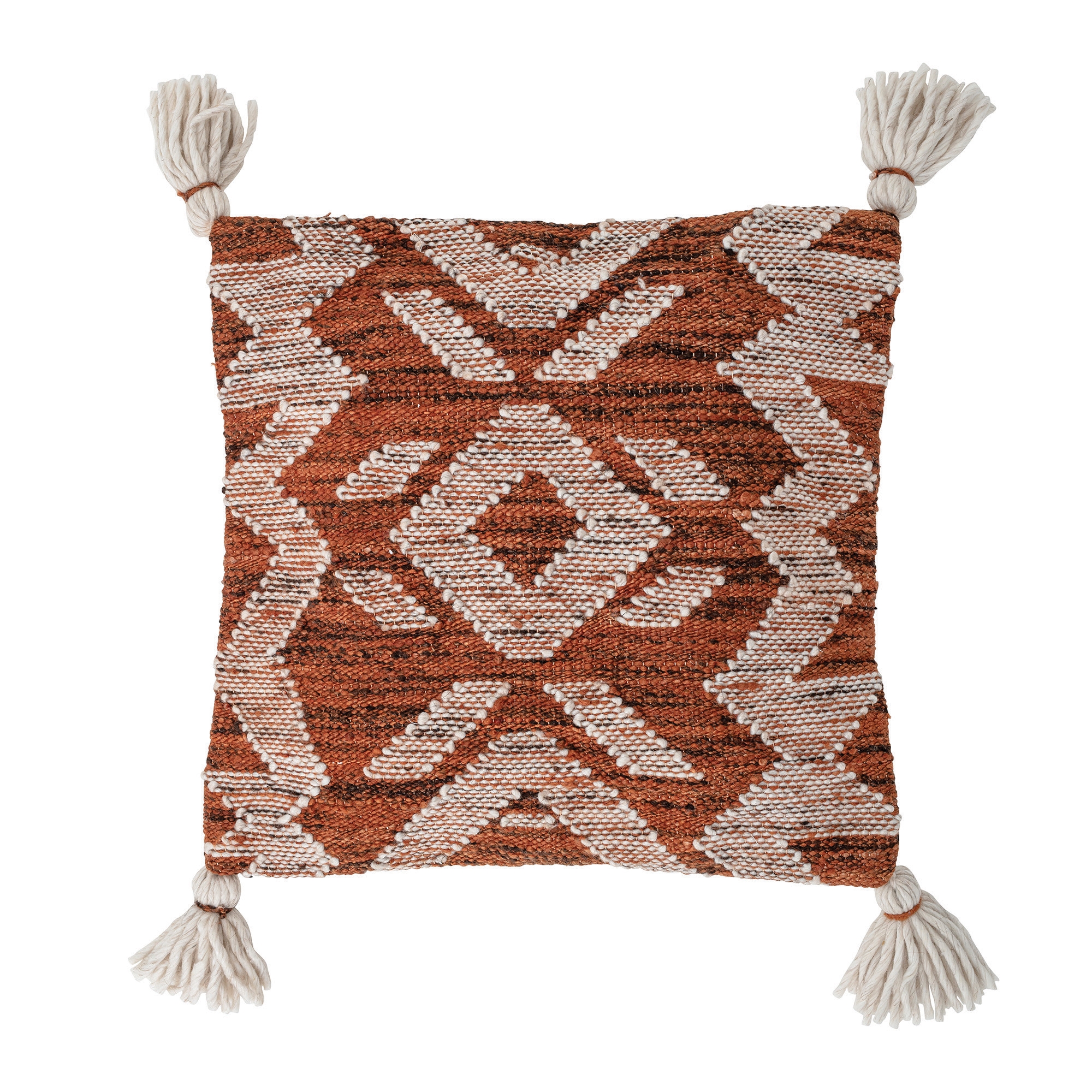 Cream and Rust Square Woven Cotton and Wool Pillow with Tassels - Image 0