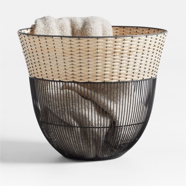 Toma Black and Off White Metal and Rattan Decorative Basket - Image 0