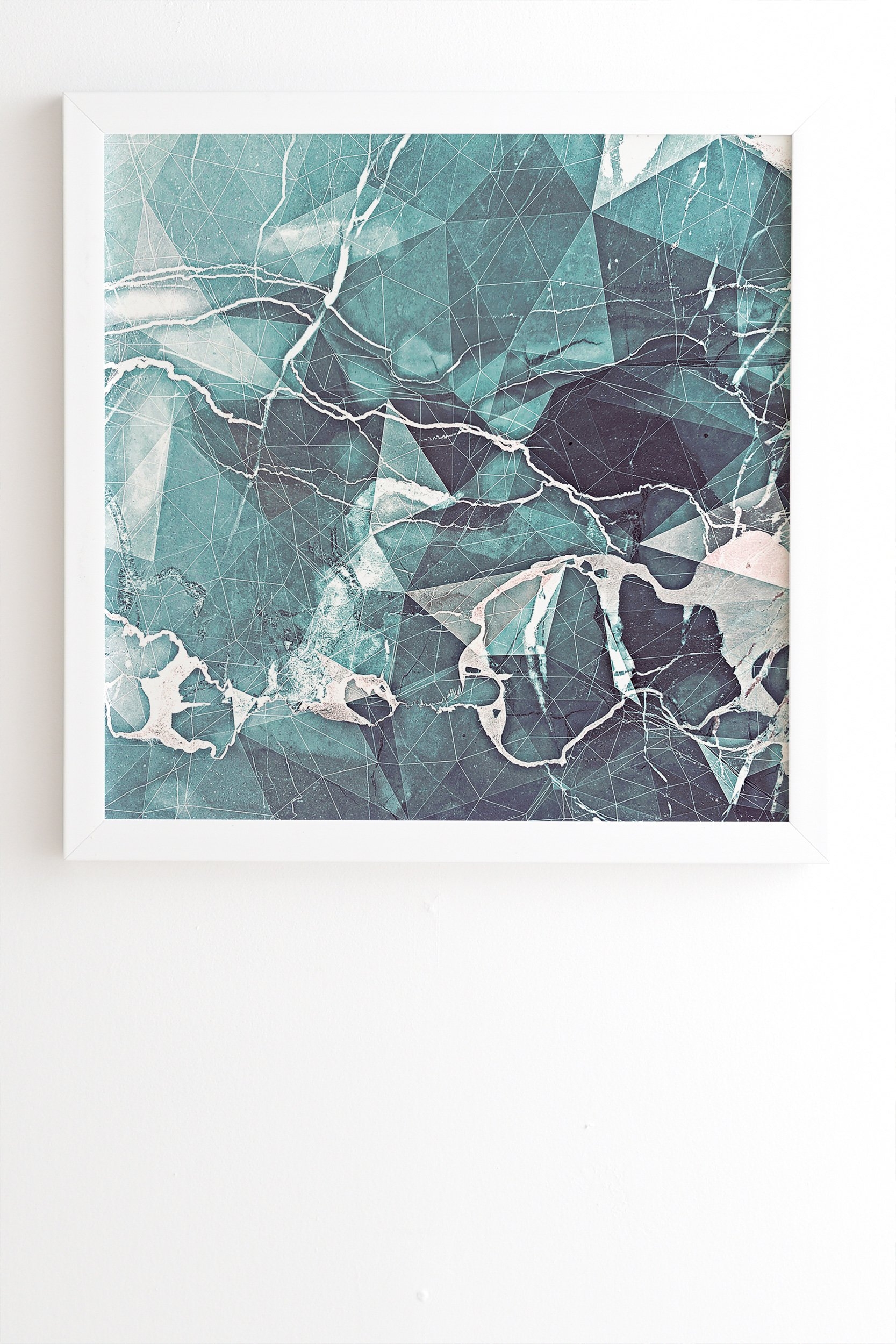 Emanuela Carratoni Teal Blue Geometric Marble White Framed Wall Art - 12" x 12" - Image 0