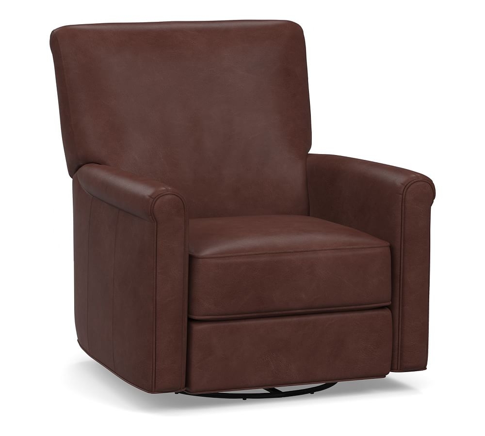 Irving Roll Arm Leather Swivel Recliner, Polyester Wrapped Cushions, Signature Whiskey - Image 0