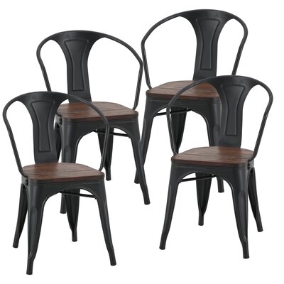 Industrial Style Metal Slat Back Dining Chairs With Elm Top, Matte Black, Set Of 4 - Image 0