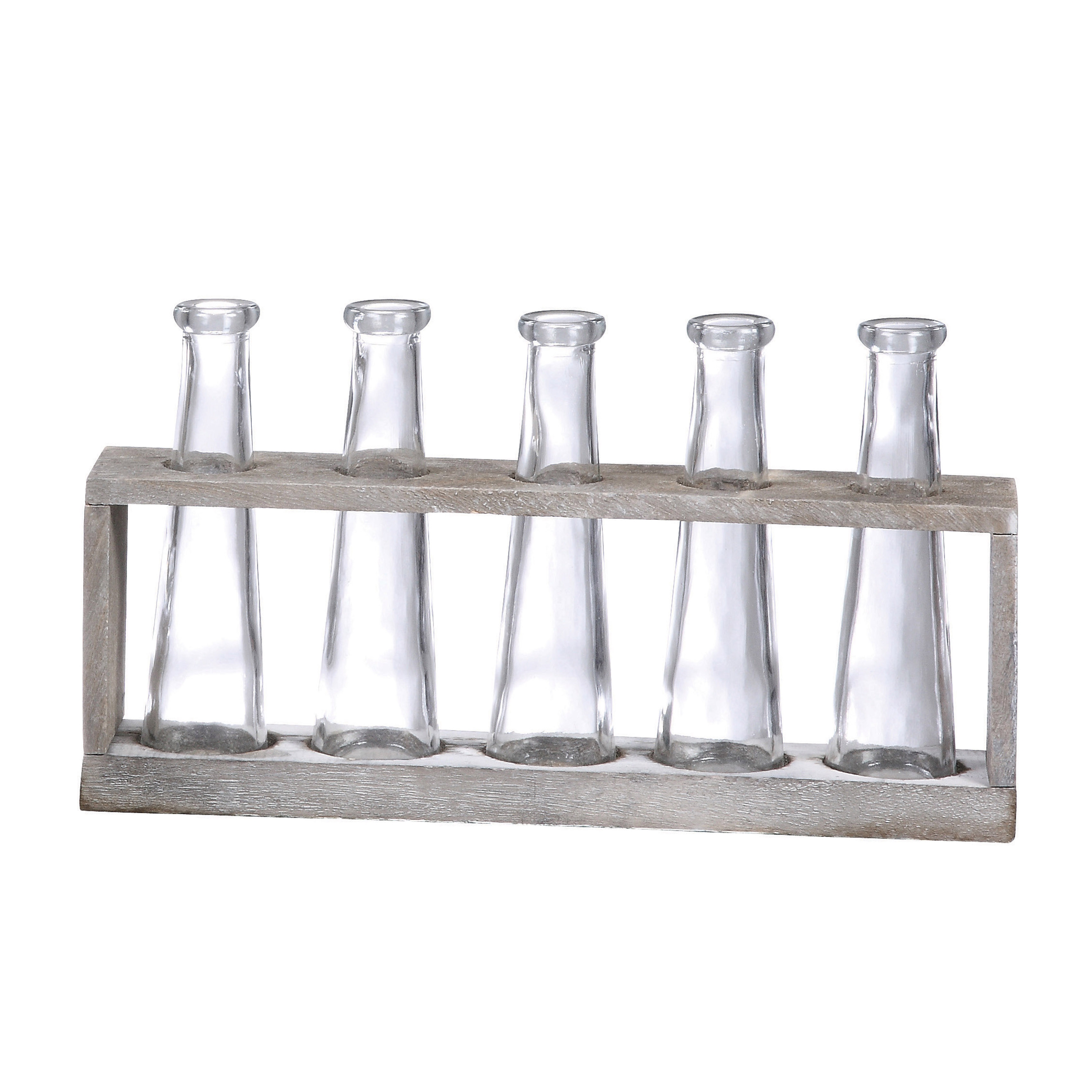 Distressed Grey Wood Vase Holder with 5 Glass Vases - Image 0