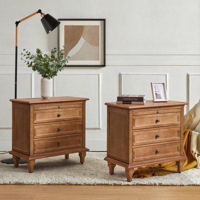 Arthelia 3-Drawers Nightstand with Built-in Charging station and Solid Wood Legs(Set of 2) - Image 0