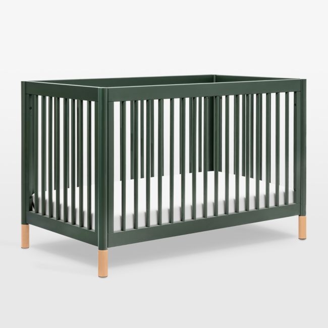 Babyletto Gelato Forest Green Natural Wood & Vegan Tan Leather 4-in-1 Convertible Baby Crib with Toddler Bed Conversion Kit - Image 0