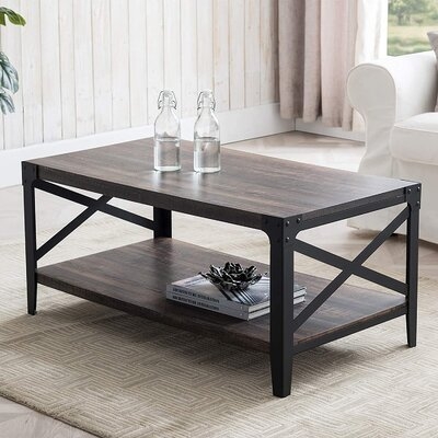 Williston Forge Industrial Coffee Table 40", With 2 Tiers Storage Shelf, Stable Cocktail Table With Metal Frame For Living Room, Easy Assembly, 40" L X 22" W X 18" H, Rustic Oak Dark - Image 0